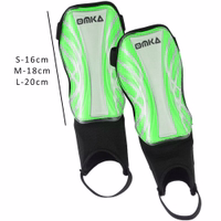 Measurement view of green shin guards, clear sizing chart reference for soccer players across S, M, L fits.