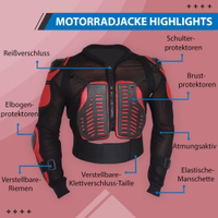 Die rote Motorrad-Armor-Schutzjacke bietet Premium-Schutz mit Brust-, Schulter-, Ellbogen- und Unterarmprotektoren – Sicherheit, Komfort und stylisches Design für Fahrer. Jetzt kaufen!