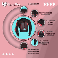 Features der roten Motorrad-Armor-Schutzjacke: ergonomische Passform, V-Ausschnitt, offene Unterarmbelüftung, gepolsterter Kragen und elastische Bündchen – langlebiger Schutz beim Fahren. Jetzt sichern!
