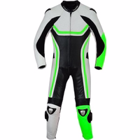 Frontansicht der besten grünen Combi-German-Wear-Motorradlederjacke. Aus echtem Rindsleder mit fluoreszierenden Akzenten gefertigt. Mit Rückenprotektor und Höckerschutz für mehr Sicherheit. Bis mittags kaufen und Lieferung am nächsten Werktag sichern.