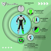 Dieser grüne Einteiler-Lederanzug von German Wear besteht aus echtem Rindsleder und verfügt über Rücken- und Höckerschutz sowie hochsichtbare Akzente. Entwickelt für Sicherheit und Geschwindigkeit. Bis mittags bestellen, Lieferung am nächsten Werktag.