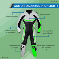 Erobern Sie die Straße mit diesem grünen fluoreszierenden Leder-Rennanzug. Ausgestattet mit Titan-Ellbogenpolstern, Rückenhöcker und Reißverschluss-Fit. Hergestellt aus echtem Rindsleder. Kostenlose Lieferung, Ankunft am nächsten Werktag.