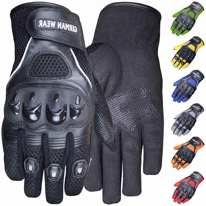 Motocross Motorbike Biker Summer Gloves Black Front & Rear view of Orange Motocross Motorbike Biker Summer Gloves. Made from quality textile and leather patches, these red gloves feature knuckle protection and adjustable wrists for comfort. Free next business day delivery.