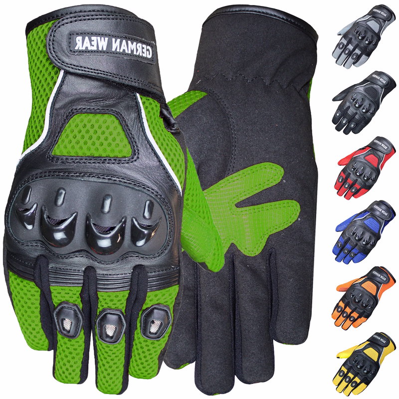 Motocross Motorradfahrer Sommerhandschuhe Schwarz Front- & Rückansicht der orangefarbenen Motocross Sommerhandschuhe. Aus hochwertigem Textil mit Ledereinsätzen gefertigt, mit Knöchelschutz und verstellbarem Handgelenk für Komfort. Kostenlose Lieferung am nächsten Werktag.