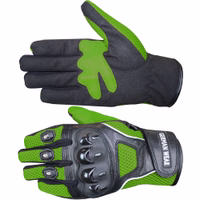 Stay comfortable and protected with biker gloves. Crafted from quality textile with leather patches, these green gloves offer thinsulate insulation, knuckle protection, and adjustable wrists. Ideal for motocross.