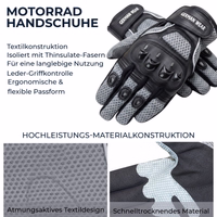 Motorradhandschuhe mit deutschem Text über textile Konstruktion und schnell trocknendes Material.