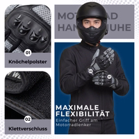 Person mit Motorrad-Handschuhen, mit dem Text „Maximale Flexibilität“ sowie Nahaufnahmen der Handschuh-Features.