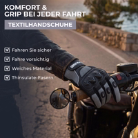 Motorradhandschuh, der den Lenker greift, mit dem Text „Komfort & Grip bei jeder Fahrt“ sowie einer Funktions-Checkliste.