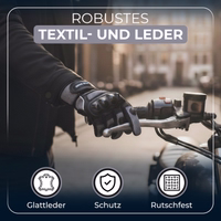 Person trägt Motorrad-Handschuhe am Lenker eines Motorrads, mit deutschem Text zu Lederqualität, Schutz und hoher Griffigkeit.