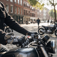 Nahaufnahme von Motorradhandschuhen aus Leder und Mesh an den Händen eines Fahrers am Lenker eines Motorrads im Freien