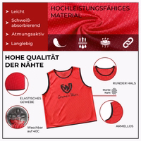 Die German Wear 12er-Pack Fußball-Westen in Rot aus 100 % Micro-Polyester mit weicher, atmungsaktiver Dual-Mesh-Struktur – bieten Komfort und Langlebigkeit für Vereine, Schulen und professionelles Training. Jetzt online kaufen!