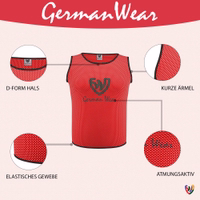 Features der German Wear 12er-Pack Fußball-Westen in Rot: Dual-Mesh-Polyester, leichtes und weiches Finish, Pull-On-Verschluss und Kurzarm-Stil – sorgt für Komfort bei langen Trainingseinheiten. Jetzt kaufen!