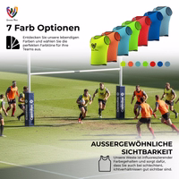 Features Show of German Wear 12-Pack Soccer Yellow Bibs highlighting dual air mesh design soft polyester finish pull on closure and short sleeves ensuring stable comfort for long training buy now