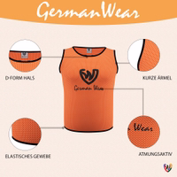 Features Show of German Wear 12-Pack Soccer Orange Bibs highlighting soft dual air mesh construction durable polyester short sleeves and pull on closure for effective sports training buy now