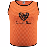 Front view of German Wear 12-Pack Soccer Orange Bibs showing short sleeve pull on design with dual mesh texture made for comfort during team practice sessions for all age groups get now