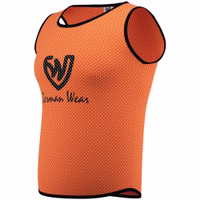 Side view of German Wear 12-Pack Soccer Orange Bibs made in breathable lightweight polyester fabric with soft mesh ventilation designed for professional and school team practice get now