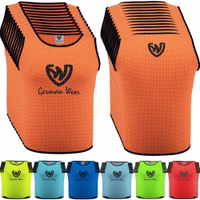 Front and back view of German Wear 12-Pack Soccer Orange Bibs crafted with breathable dual mesh polyester fabric lightweight durable and soft for soccer basketball and handball training buy now