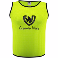 Front view of German Wear 12-Pack Soccer Yellow Bibs featuring pull on closure short sleeve fit and breathable dual mesh construction designed for comfort in professional team practice get now