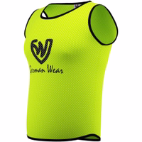 Side view of German Wear 12-Pack Soccer Yellow Bibs designed in lightweight breathable polyester with dual mesh texture offering comfort and durability during soccer rugby and basketball practice get now