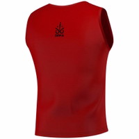 Rückansicht der OMKA 12er Pack Fußball Leibchen Rot mit elastischem atmungsaktivem Mesh Stoff ärmellosem Schnitt und leichtem Tragekomfort ideal für Fußball Schulen und Vereins Training jetzt erhalten.