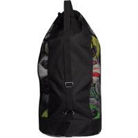 Rückansicht der OMKA Balltasche in Schwarz mit Rucksackträgern und robusten Nähten. Ergonomische Balltasche für Trainer, in der bis zu 10 Bälle bequem transportiert werden können.