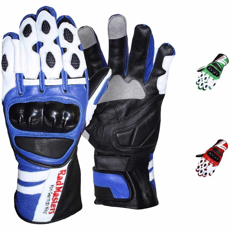Motorcycle leather gloves Blue Red Green Premium blue motorcycle gloves made from cowhide leather feature carbon fiber protection for safety. Designed for optimal grip and airflow with integrated ventilators, these gloves are crafted in Germany for motorbike enthusiasts.