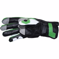 Vorderansicht von hochwertigen grünen Motorradhandschuhen aus 100 % glattem Rindsleder. Mit verstellbaren Riemen für eine individuelle Passform bieten diese Handschuhe optimalen Grip und verbesserte Handhabung.