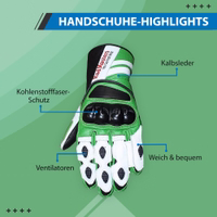 Stilvolle Herren-Lederhandschuhe aus hochwertigem Kalb- und Rindsleder, ausgestattet mit Kohlefaser-Schutz für zusätzliche Sicherheit. Für Motorradliebhaber konzipiert, bieten diese weichen und komfortablen Handschuhe optimalen Grip auf der Straße.