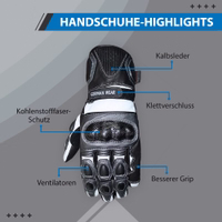 Front view of classic Motorcycle and Leather Gloves made from premium cowhide leather. Engineered to deliver warmth and protection against the elements, these gloves combine detailed craftsmanship with a secure grip and exceptional comfort. Available now, 