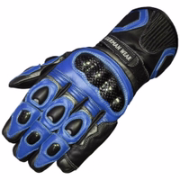 Men's blue motorcycle leather gloves featuring air ventilators for breathability, adjustable Velcro closure, and soft 100% cowhide material for comfort.