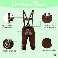 Features show of Bavarian Traditional Dark Brown Women’s Pant with suspenders highlighting adjustable drawstrings, knife pocket, matching suspenders, and refined beige piping for a polished look. Buy now.