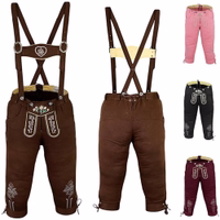 Front and back view of Bavarian Traditional Dark Brown Women’s Pant with suspenders featuring soft cotton, adjustable drawstrings, belt loops, and elegant Edelweiss embroidery. Buy online now.