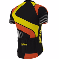 OMKA Men’s Cycling Jersey back view – performance cycling shirt with 3 rear pockets, full-length zipper, breathable mesh, and sublimation print in black, red, and yellow.