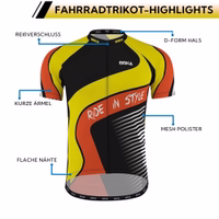 Close-up of OMKA Pro Men’s Cycling Jersey features – breathable mesh fabric, ergonomic seams, sublimation printing, and full-zip design for maximum comfort and performance.
