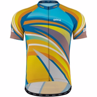 Front view of OMKA Men’s Racing Performance Cycling Jersey showing tropical sublimation print, short sleeve design, ergonomic fit, and full zipper on lightweight polyester.