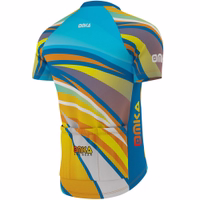 Back view of OMKA Men’s Cycling Jersey highlighting 3 rear pockets, tropical sublimation print, breathable mesh polyester, ergonomic seams, and performance cycling fit.