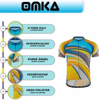 Features show image of OMKA Sportswear Jersey showing 3 back pockets, lightweight breathable polyester, short sleeves, full-length zipper, and tropical sublimation print.