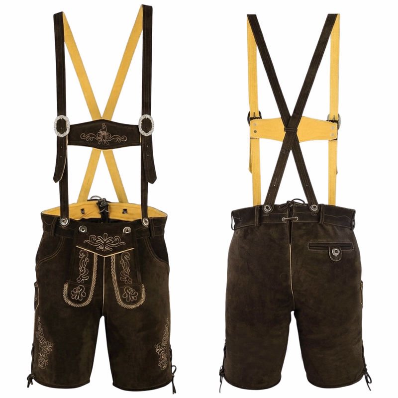 Lederstil Bayerische Kniebundhosen Vorder- und Rückansicht einer kurzgeschnittenen Kniebundhose aus kastanienbraunem Wildleder. Hergestellt aus 100 % Wildleder mit verstellbarer Länge und seitlichen Messertaschen. Deutsche Handwerkskunst. Mit Hosenträgern für einen klassischen Akzent. Kurzh