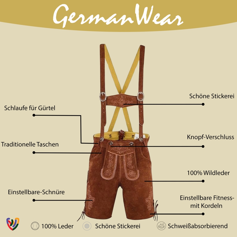 German Wear Kurze Trachten Lederhose Mit Hosenträger - Schwarz Mit Silber-Stickerei