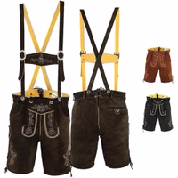 Vorder- und Rückansicht traditioneller dunkelbrauner Ziegenvelours-Lederhosen mit Hosenträgern. Ausgestattet mit verstellbaren Trägern zur Längenanpassung und einer seitlichen Messertasche.