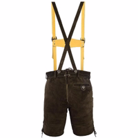 Rückansicht einer klassischen dunkelbraunen kurzen Wildlederhose mit seitlicher Messertasche, Knopfverschluss und verstellbarer Rückenschnürung. Hergestellt aus 100 % hochwertigem Wildleder, vereint diese traditionelle Hose Stil und Funktionalität.