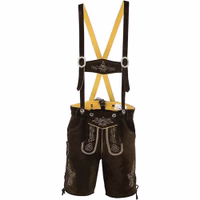 Traditionelle Herren-Kurzlederhose in Dunkelbraun, Vorderansicht. Die Hose ist mit Hosenträgern, einer seitlichen Messertasche, Knopfverschluss und Gürtelschlaufen ausgestattet. Im deutschen Trachtenstil entworfen, bietet sie eine verstellbare Passform für