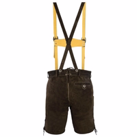 Rückansicht einer klassischen dunkelbraunen kurzen Wildlederhose mit seitlicher Messertasche, Knopfverschluss und verstellbarer Rückenschnürung. Hergestellt aus 100 % hochwertigem Wildleder, vereint diese traditionelle Hose Stil und Funktionalität.