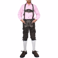 Front view of Boys’ Traditional Dark Brown Leather Trousers with Suspenders, featuring adjustable back cords and authentic Bavarian design for kids’ Oktoberfest outfit get now at German wear boys’ shop