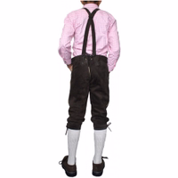 Back view of Boys’ Traditional Dark Brown Leather Trousers with Suspenders, showing adjustable back cords, button closure and traditional German styling for kids’ Bavarian pants shop buy now online