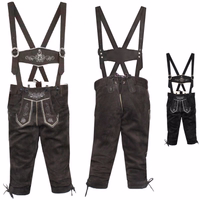 Front and Back view of Boys’ Traditional Dark Brown Leather Trousers with Suspenders, crafted for Oktoberfest and daily comfort with adjustable cords and button closure, kids’ Bavarian pants shop buy online