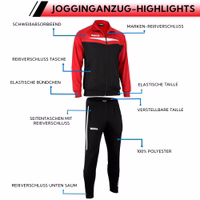 Rote Elemente zeigen Bild – OMKA Trainingsanzug Nahaufnahme zeigt atmungsaktives Polyestergewebe mit strapazierfähiger Konstruktion, schweißabsorbierend und bequem für Herren.