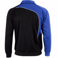 Back view of OMKA Men’s Sport Blue/Black Jacket highlighting durable sweat resistant polyester fabric with soft lining modern athletic cut suitable for soccer training jogging and gym buy online today
