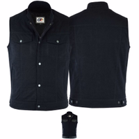 Here’s a refined German translation:  **Verleihe deinem Biker-Stil ein Upgrade mit einer exklusiven Denim-Leder-Motorradweste – Vorder- und Rückansicht. Präzise verarbeitet, mit Lamm-Nappaleder-Streifen für einen luxuriösen Akzent. Genieße die Straße mit u