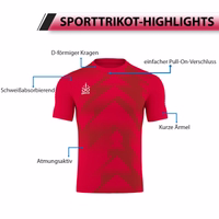 Men's Omka Sport Shirt in vibrant red. Features a stylish D-shaped collar, short sleeves, and a sweat-absorbing, breathable fabric. Designed for comfort with an easy pull-on closure.